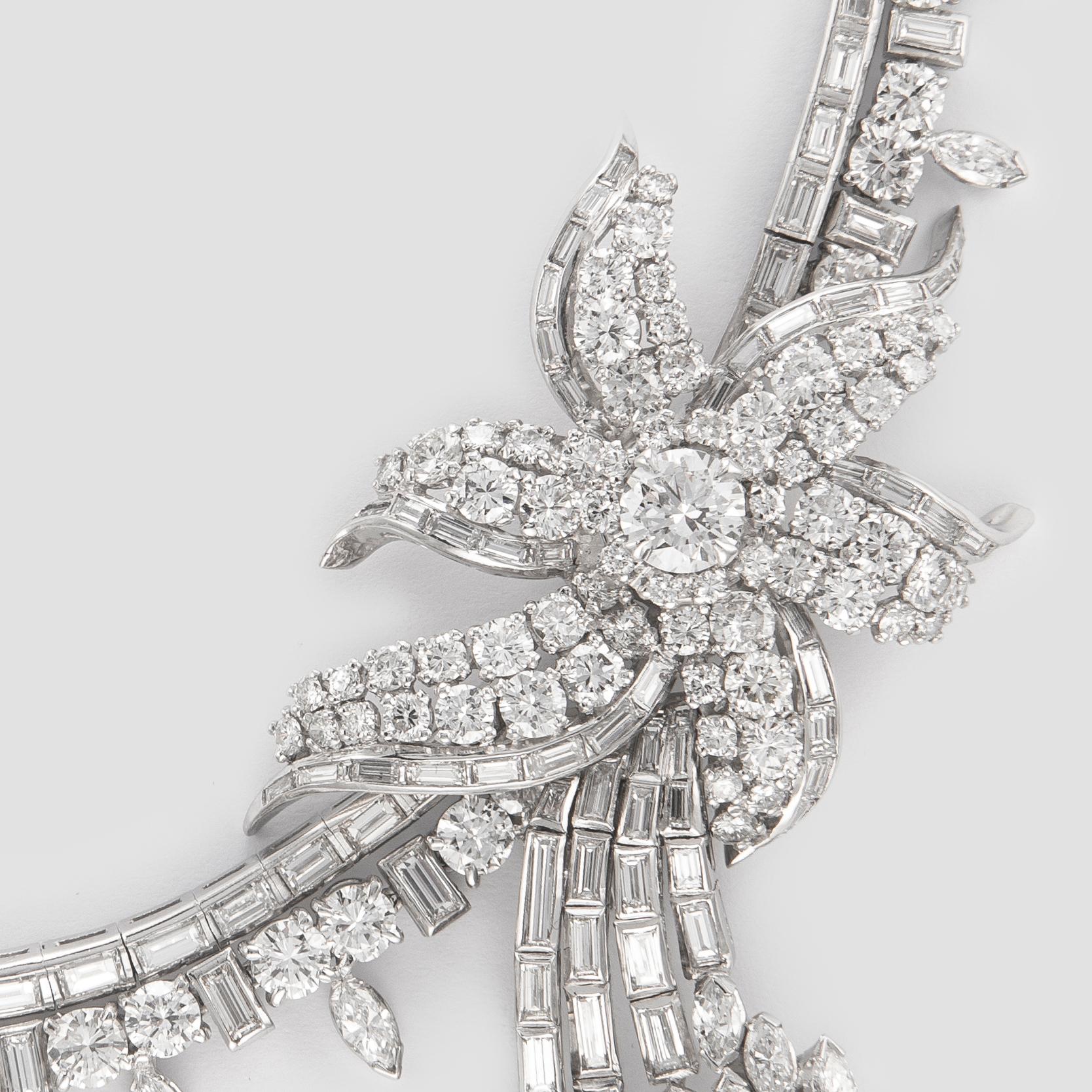 Round Cut Vintage 60 Carat Diamond Floral Necklace Platinum For Sale