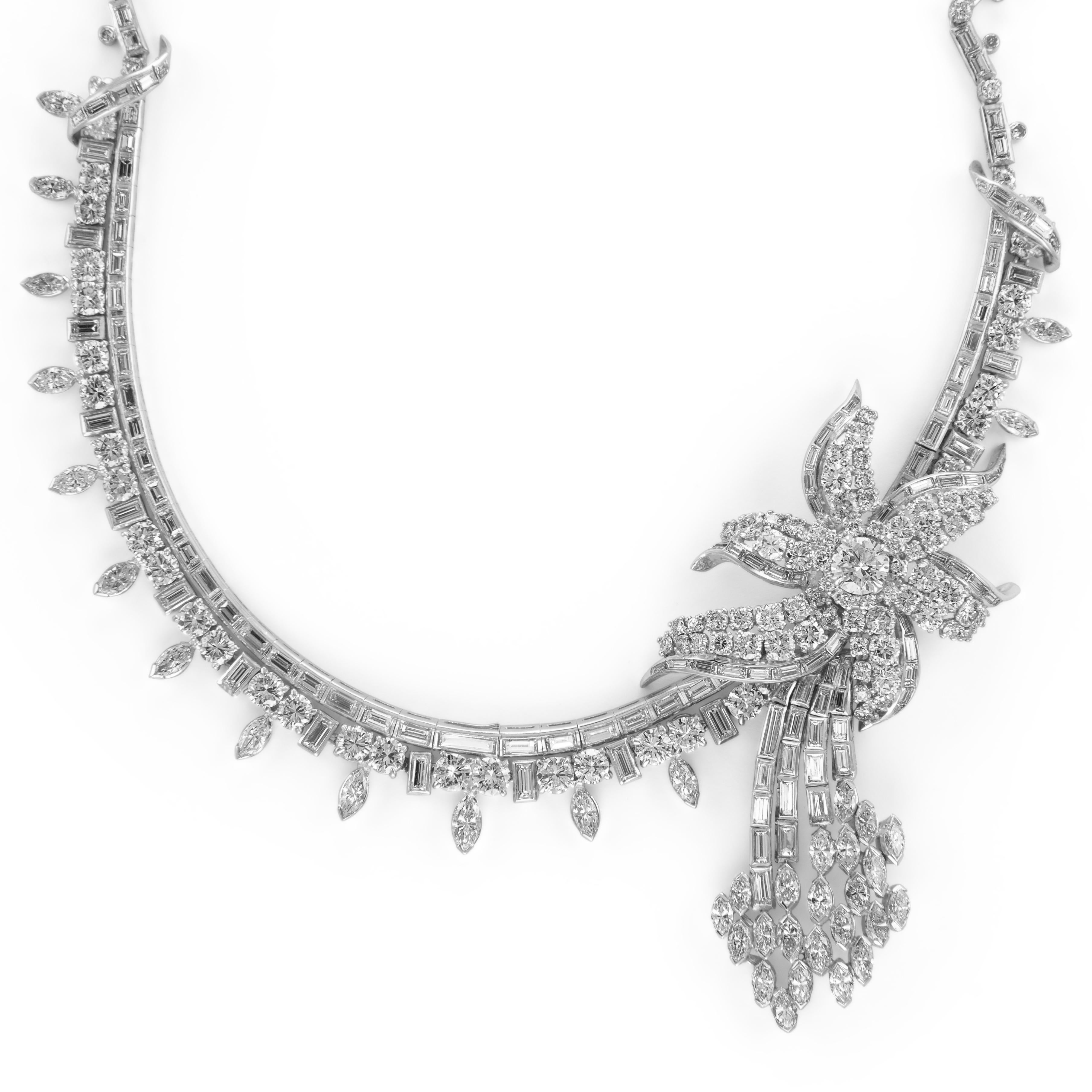 Collana floreale vintage con diamanti da 60 carati in platino In condizioni ottime in vendita a BEVERLY HILLS, CA