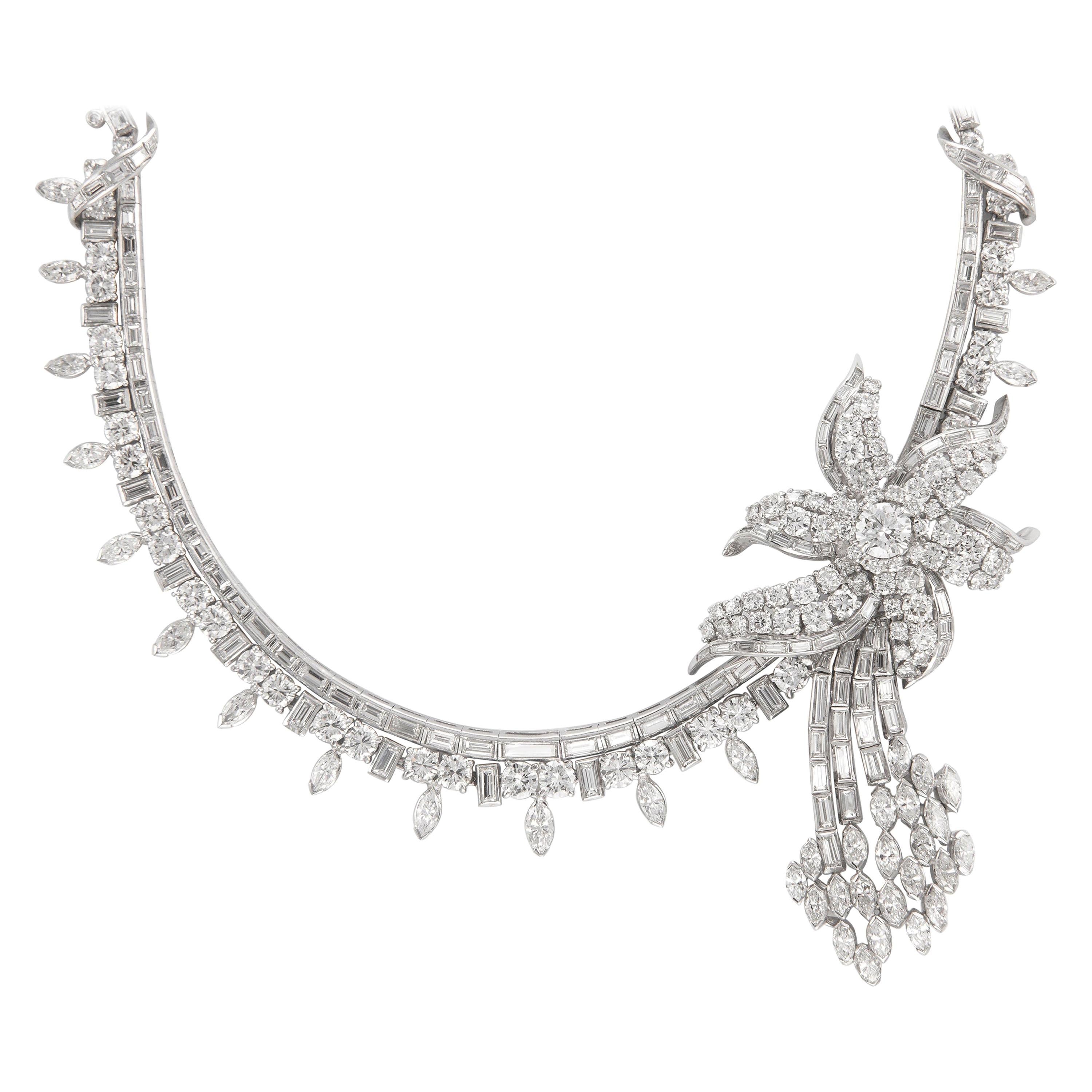 Vintage 60 Carat Diamond Floral Necklace Platinum For Sale