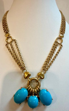 Vintage 60 Ct Natural Sleeping Beauty Turquoise Necklace, Three Charm 18 Kt Gold