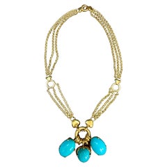 Collar vintage de 60 Ct de turquesa «Sleeping Beauty» natural, con tres colgantes de oro de 18 Kt