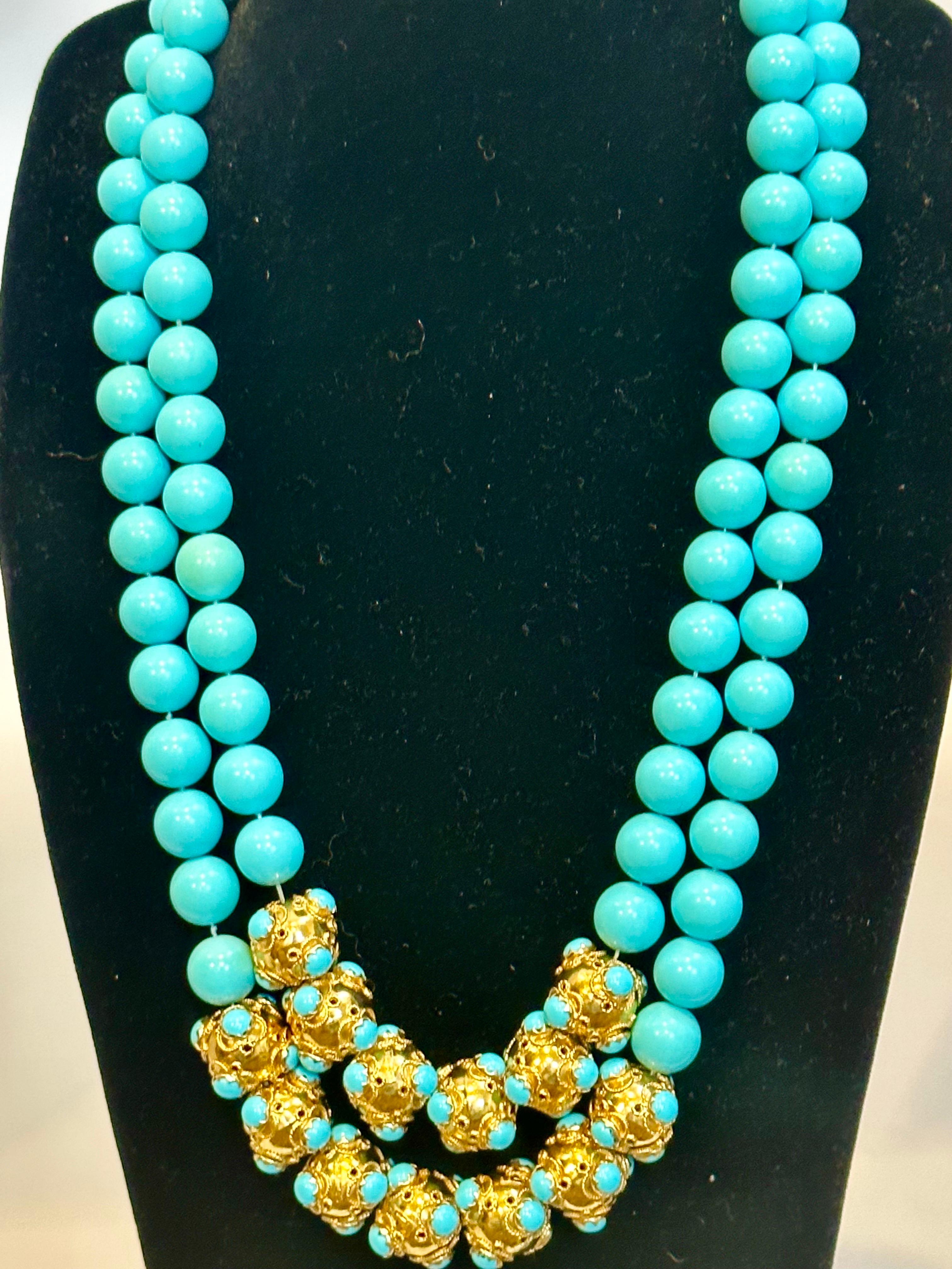Vintage 600 Ct Natural Sleeping Beauty Turquoise Necklace, Two Strand 18 Kt Gold 5