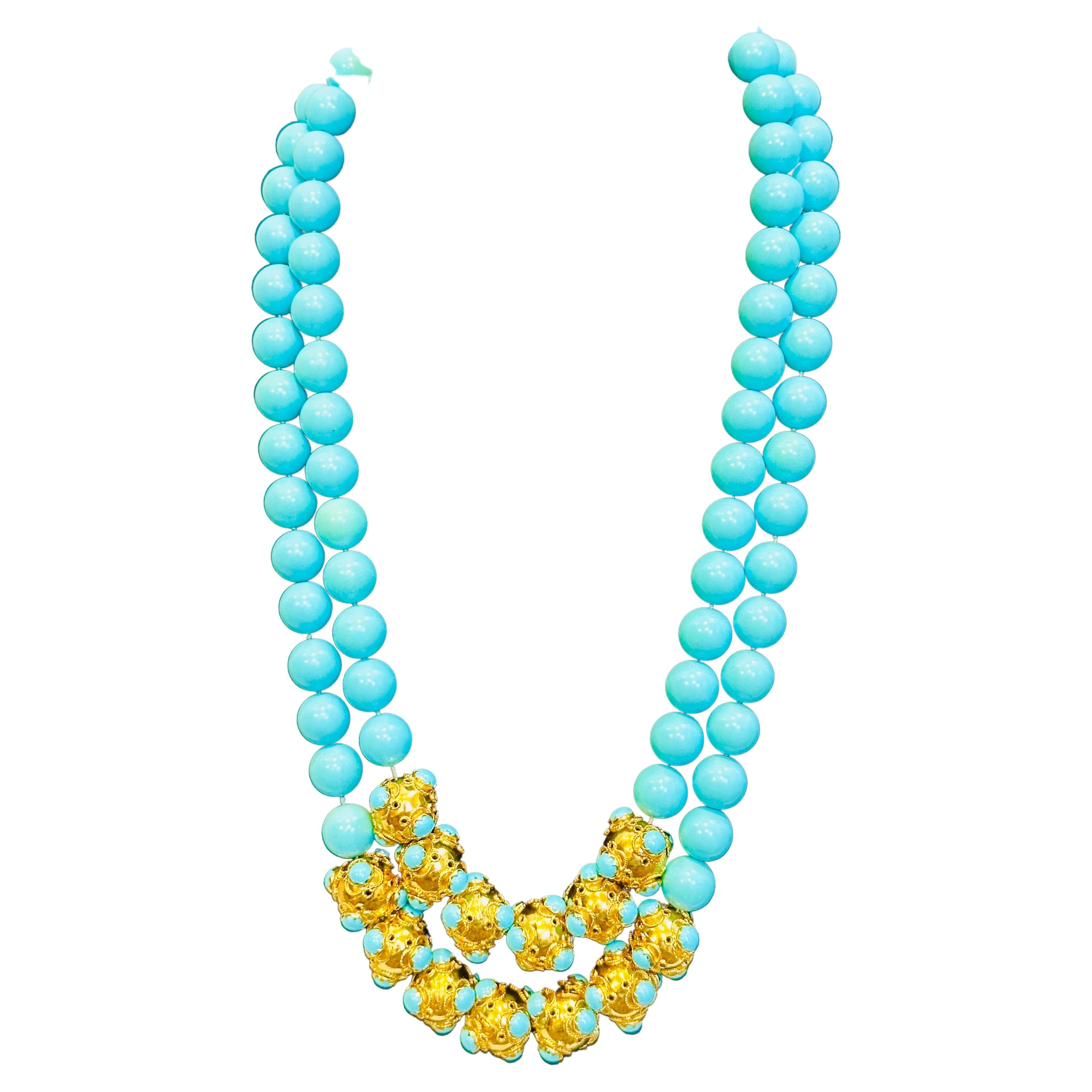Vintage 600 Carat Natural Sleeping Beauty Turquoise Necklace, Two Strand 18 Karat Gold
Natural Sleeping Beauty Turquoise which is very hard to find now.
Necklace has 2 strand
Approximately 11 mm each bead
18 Karat  Yellow gold clasp
18 Karat yellow
