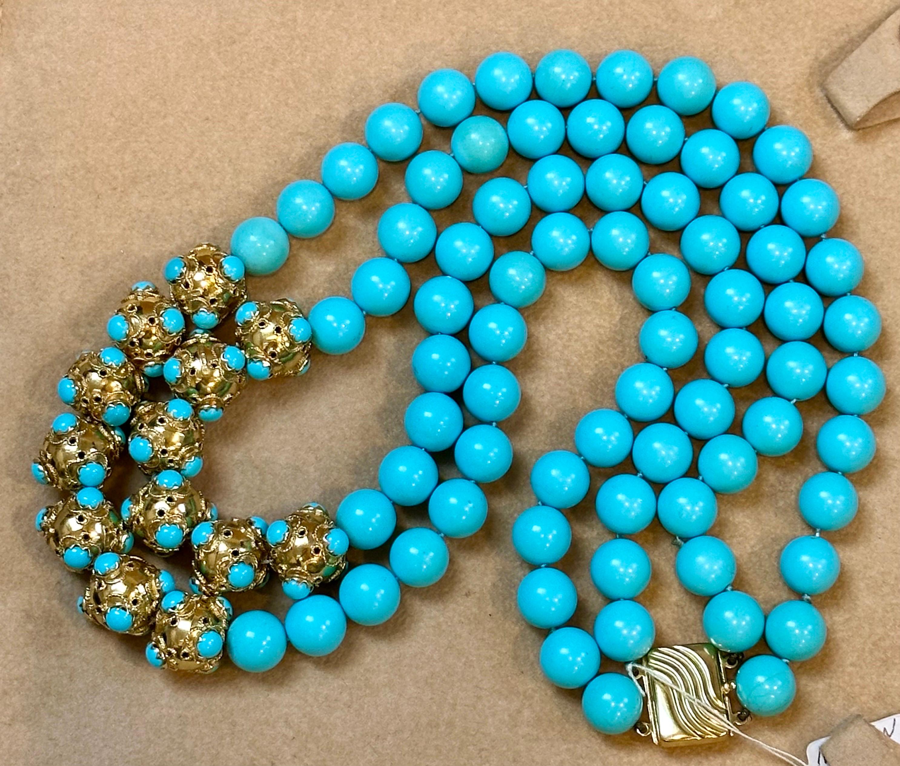 Women's Vintage 600 Ct Natural Sleeping Beauty Turquoise Necklace, Two Strand 18 Kt Gold