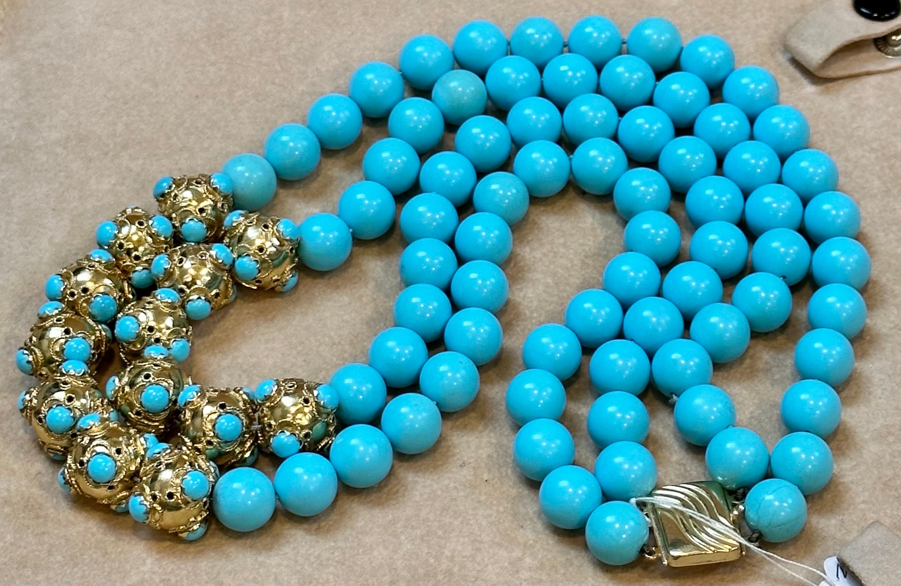 Vintage 600 Ct Natural Sleeping Beauty Turquoise Necklace, Two Strand 18 Kt Gold 1