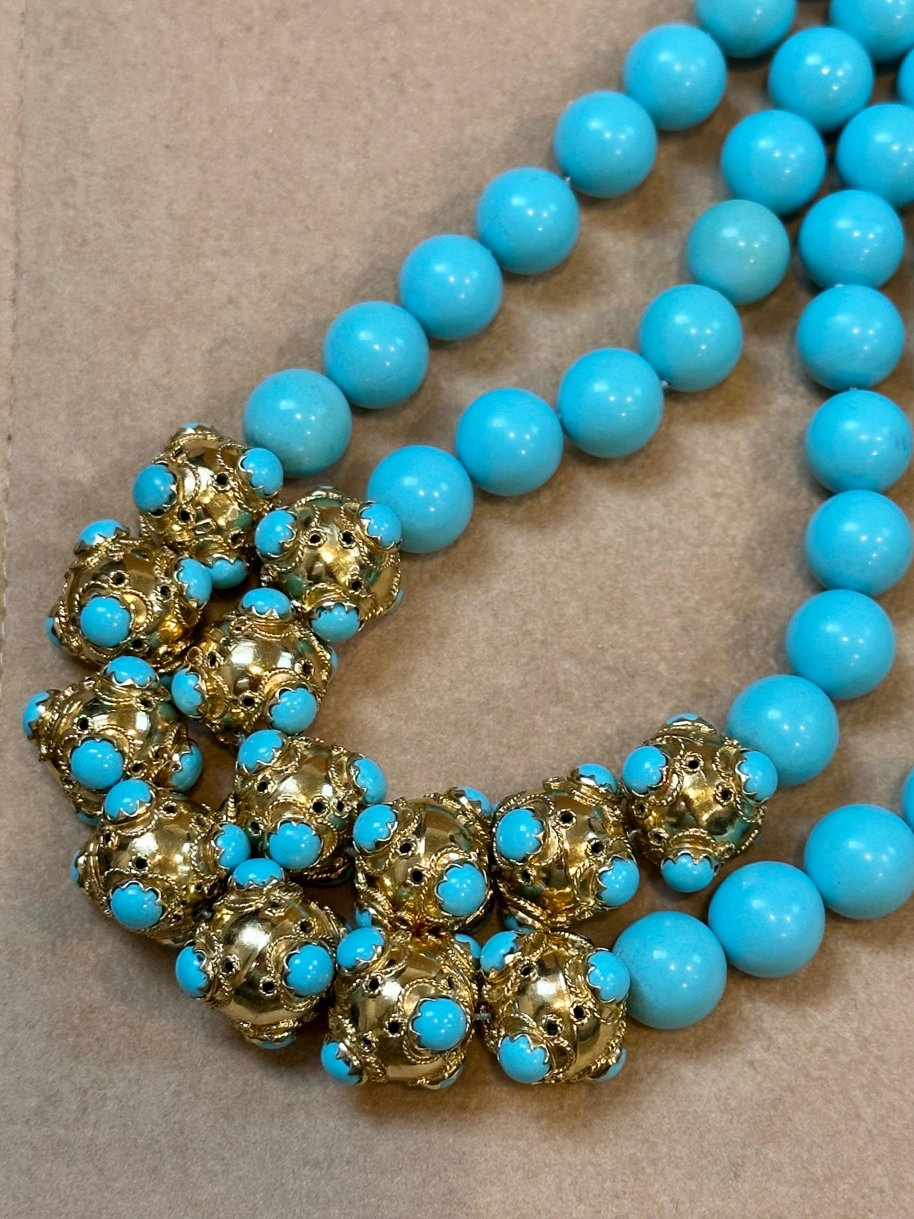 Vintage 600 Ct Natural Sleeping Beauty Turquoise Necklace, Two Strand 18 Kt Gold 2