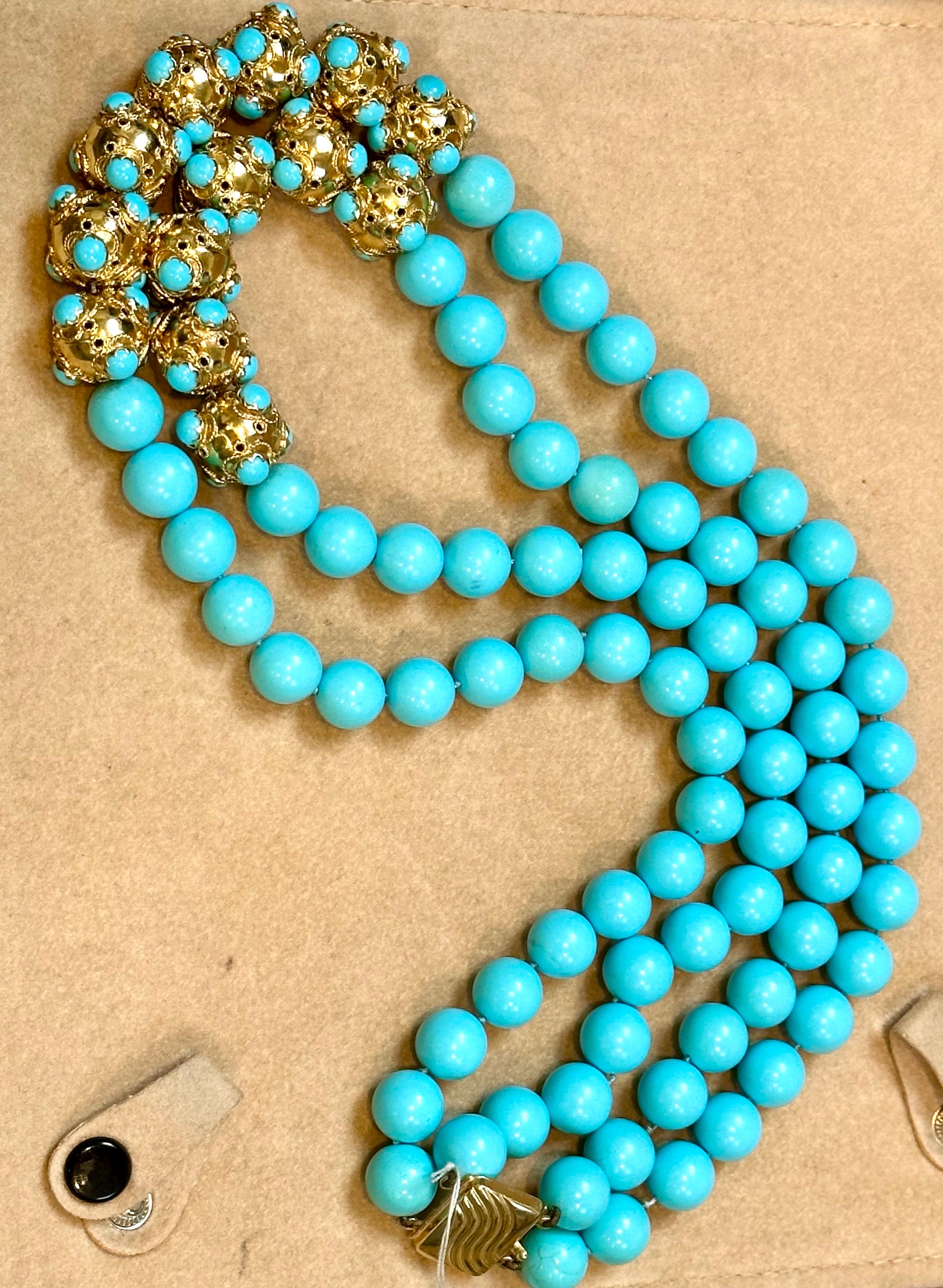 Vintage 600 Ct Natural Sleeping Beauty Turquoise Necklace, Two Strand 18 Kt Gold 3