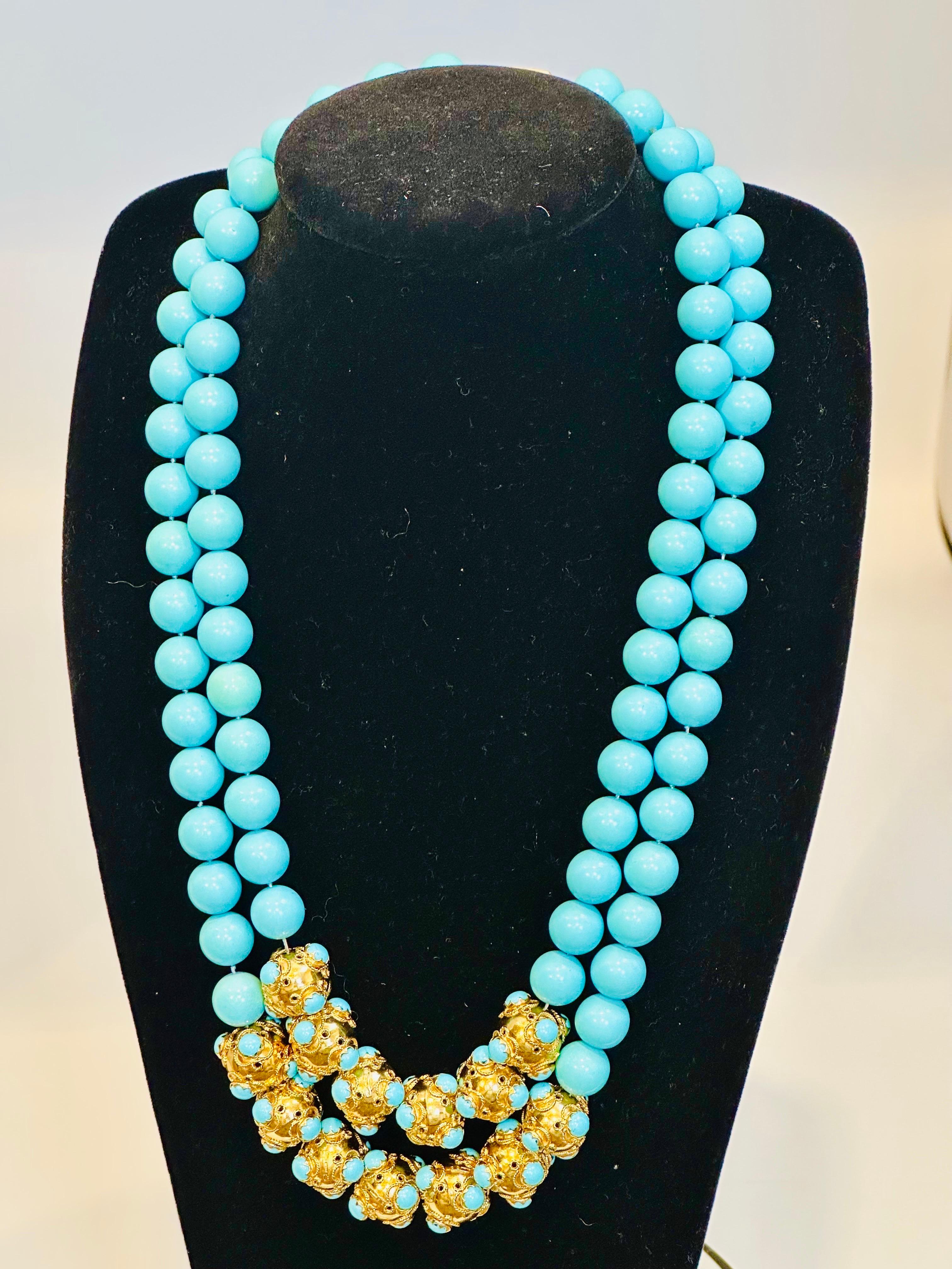 Vintage 600 Ct Natural Sleeping Beauty Turquoise Necklace, Two Strand 18 Kt Gold 4
