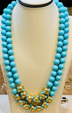 Vintage 600 Ct Natural Sleeping Beauty Turquoise Necklace, Two Strand 18 Kt Gold