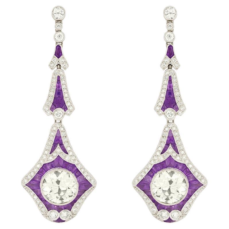Vintage 6.00 Carat Diamond and Amethyst Drop Earrings, c.1950s