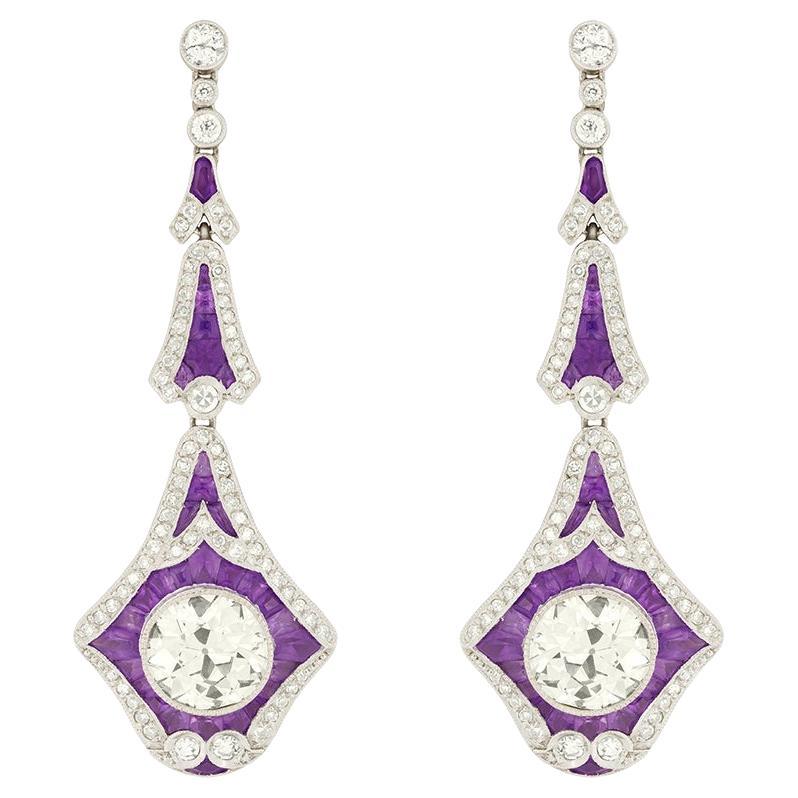 Vintage 6.00 Carat Diamond and Amethyst Drop Earrings, c.1950s For Sale