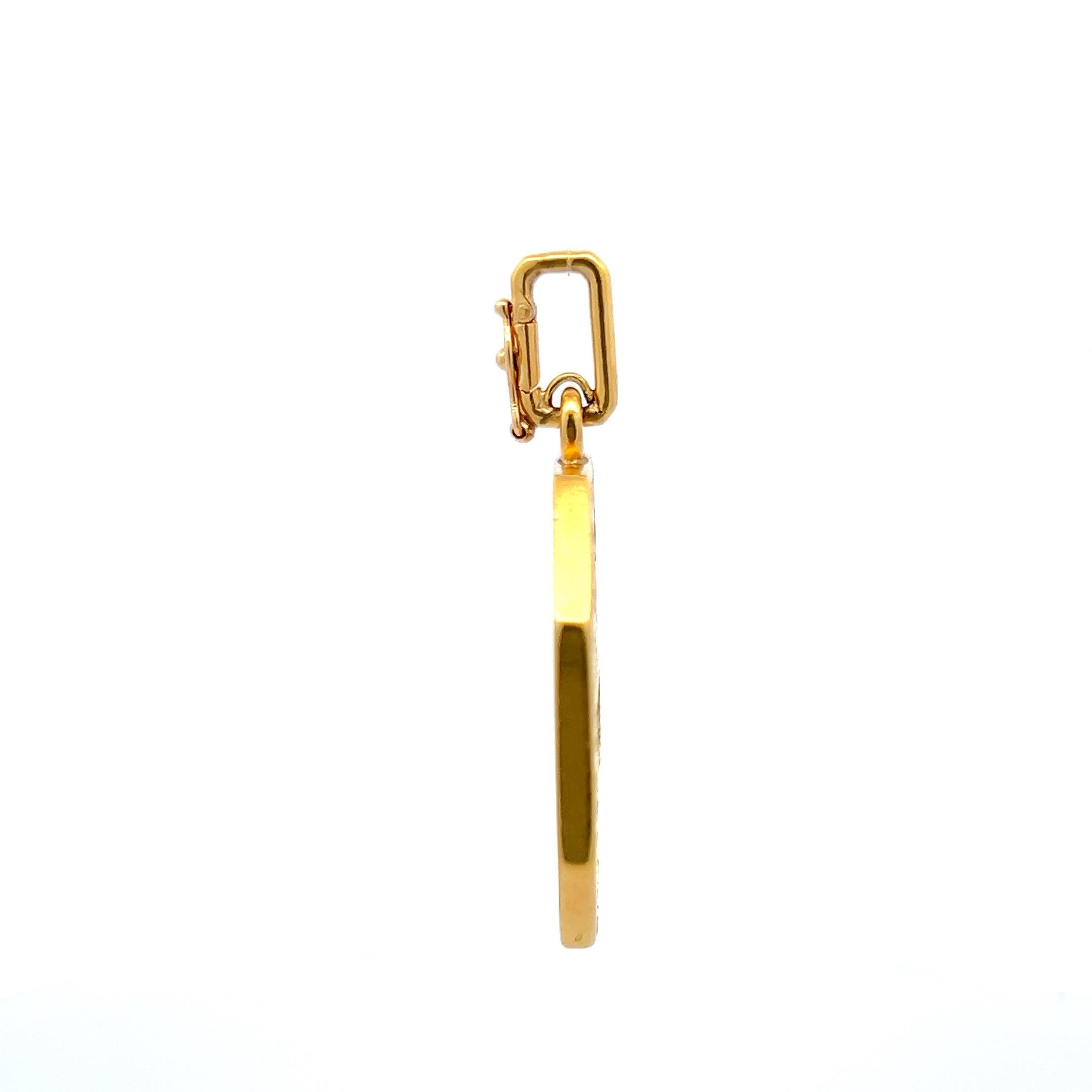 Title:
18 Karat Yellow Gold Pendent
Metal:
18 Karat Yellow Gold
Dimension:
2.15*1.49*0.18IN
Weight:
60.98 Grams
Condition:
Antique
Product ID:
5J466
Note:
Please note that all the non-GIA Gemstones' Weight, Color, Cut, and Clarity are estimated