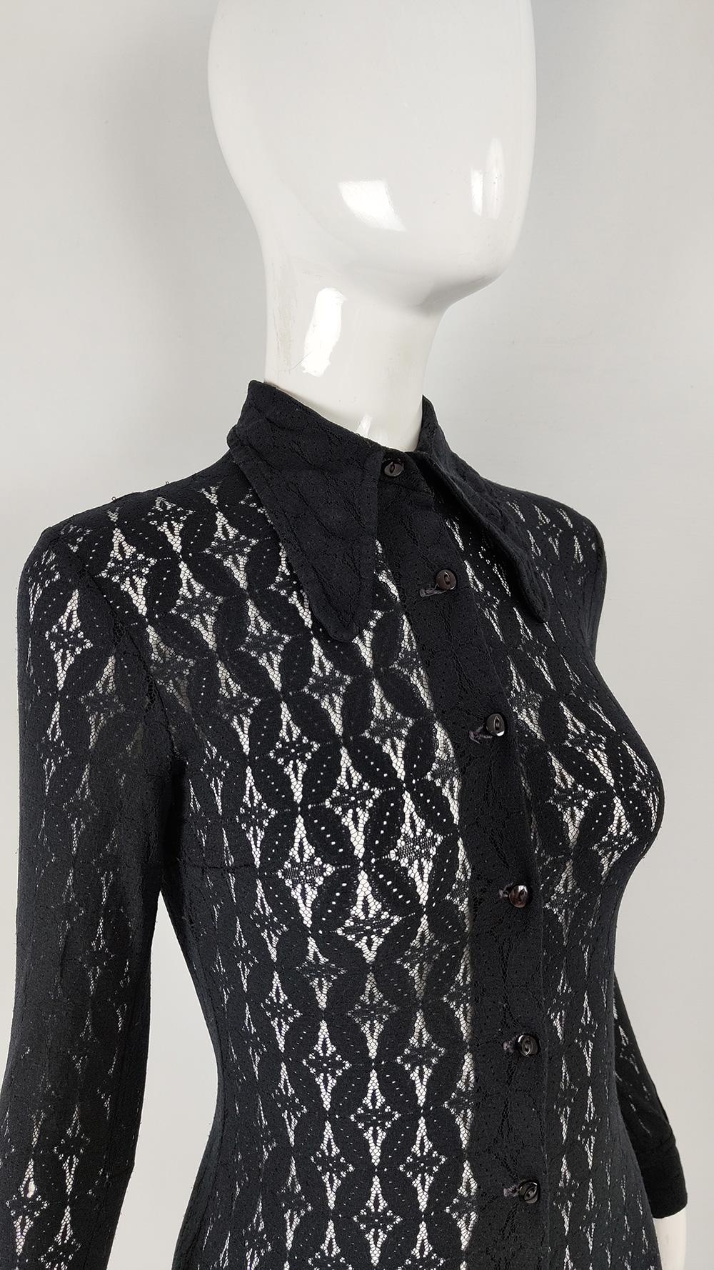 Women's Vintage 60s 70s Black Lace Sheer See Through Long Sleeve Jumpsuit, 1960s 1970s
