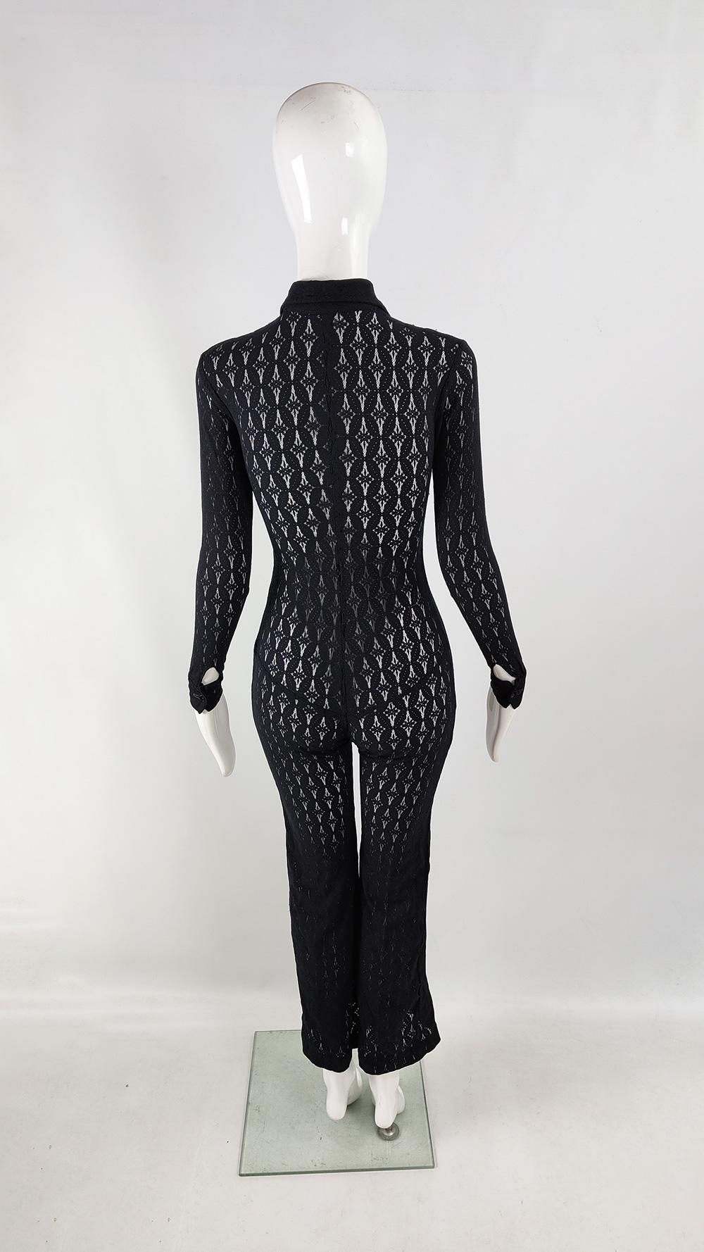 Vintage 60s 70s Black Lace Sheer See Through Long Sleeve Jumpsuit, 1960s 1970s 2