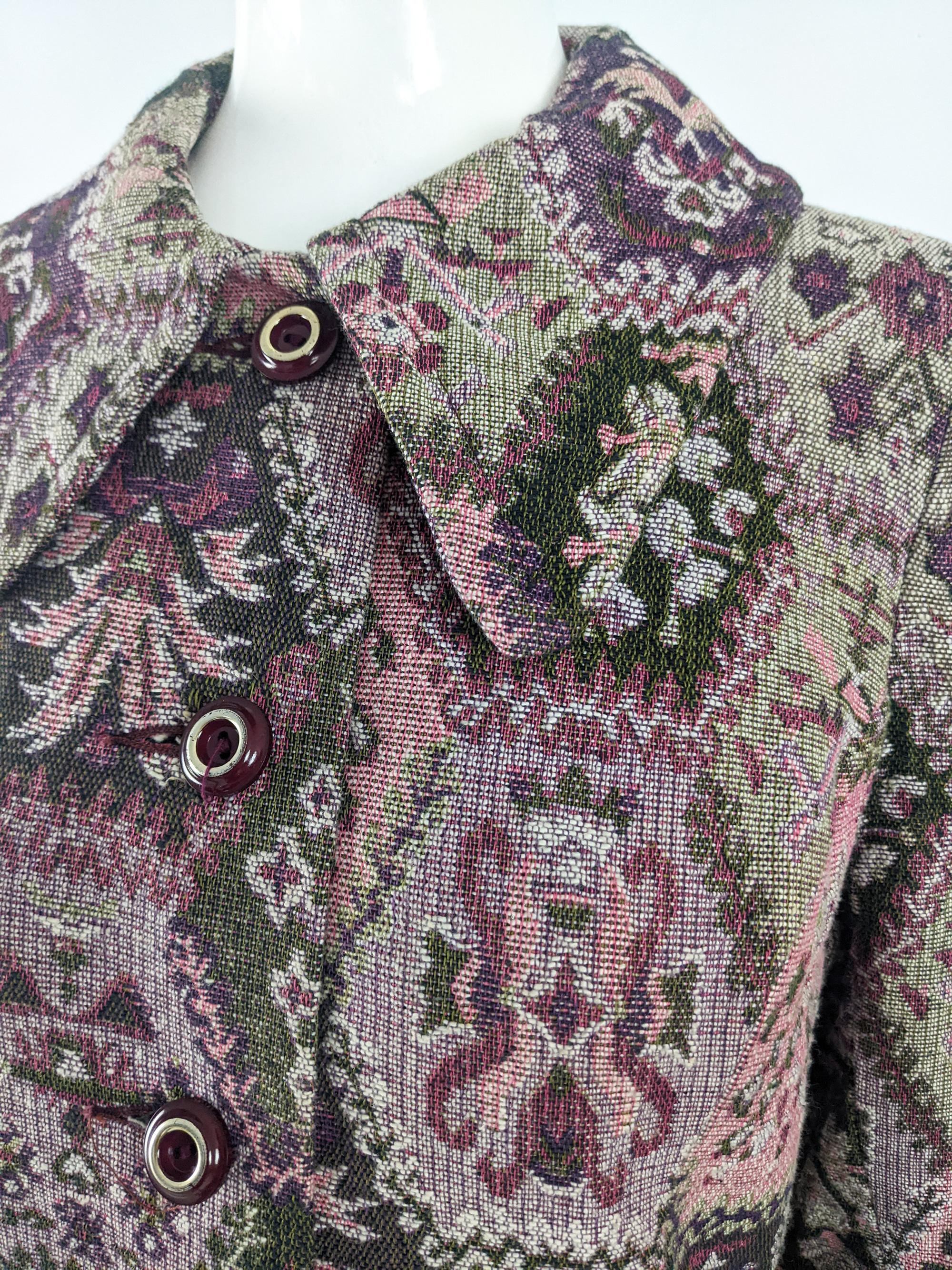 Gray Vintage 60s 70s Boho Tapestry Full Length Maxi Coat Jacket, 1960s 1970s 