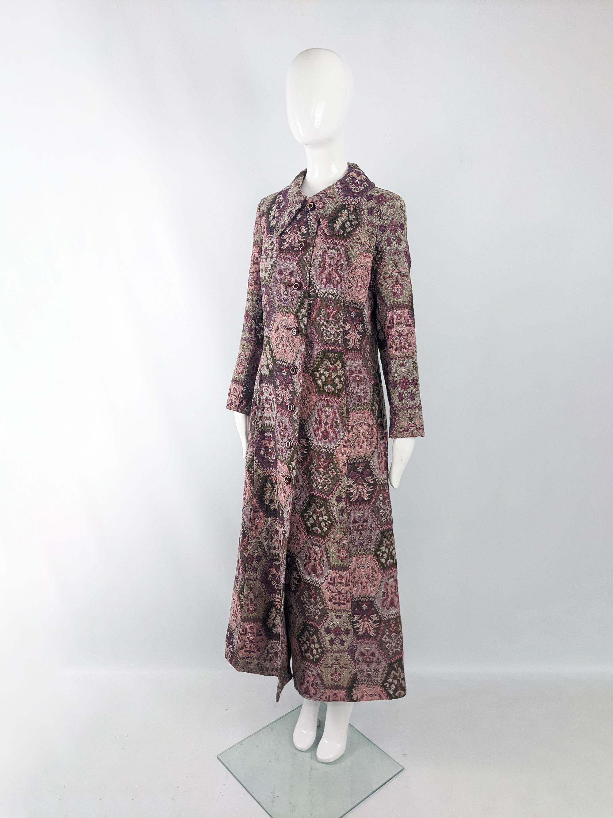 Women's Vintage 60s 70s Boho Tapestry Full Length Maxi Coat Jacket, 1960s 1970s 