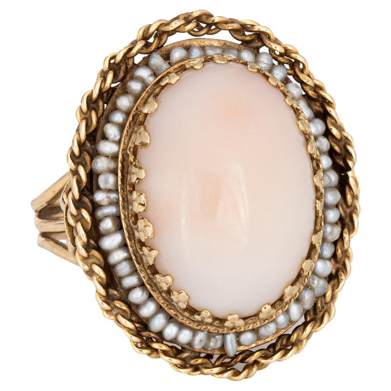 Vintage 60s Angel Skin Coral Ring Seed Pearls Large Oval Cocktail Jewelry For Sale