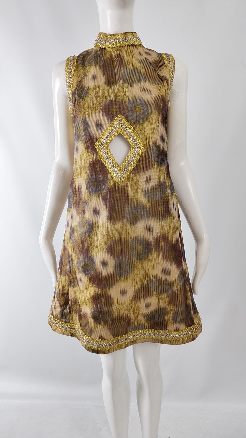 Vintage 60s Brown & Gold Ikat Party Evening A Line Shift Cut Out Dress, 1960s In Good Condition In Doncaster, South Yorkshire