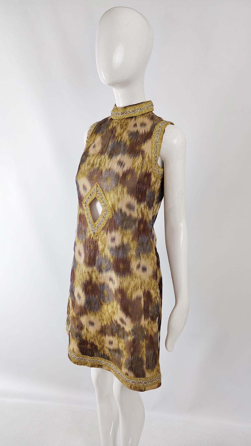 Women's Vintage 60s Brown & Gold Ikat Party Evening A Line Shift Cut Out Dress, 1960s