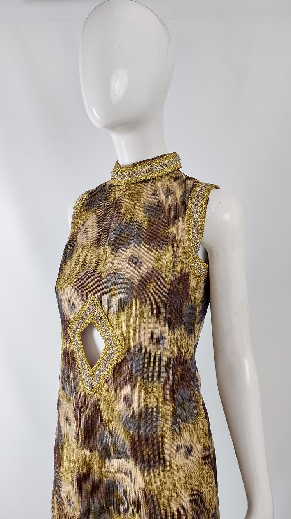 Vintage 60s Brown & Gold Ikat Party Evening A Line Shift Cut Out Dress, 1960s 2