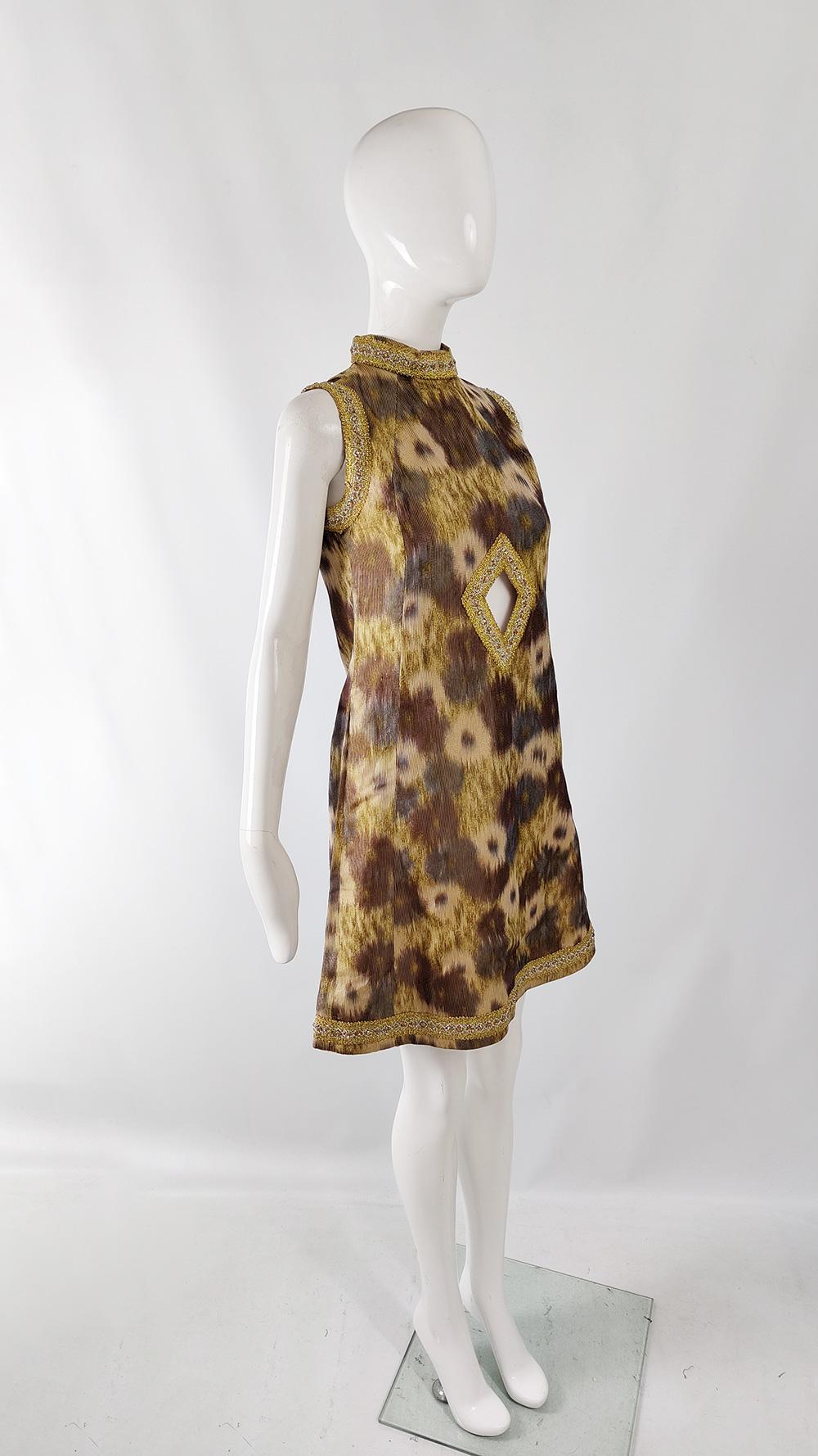 Vintage 60s Brown & Gold Ikat Party Evening A Line Shift Cut Out Dress, 1960s 4