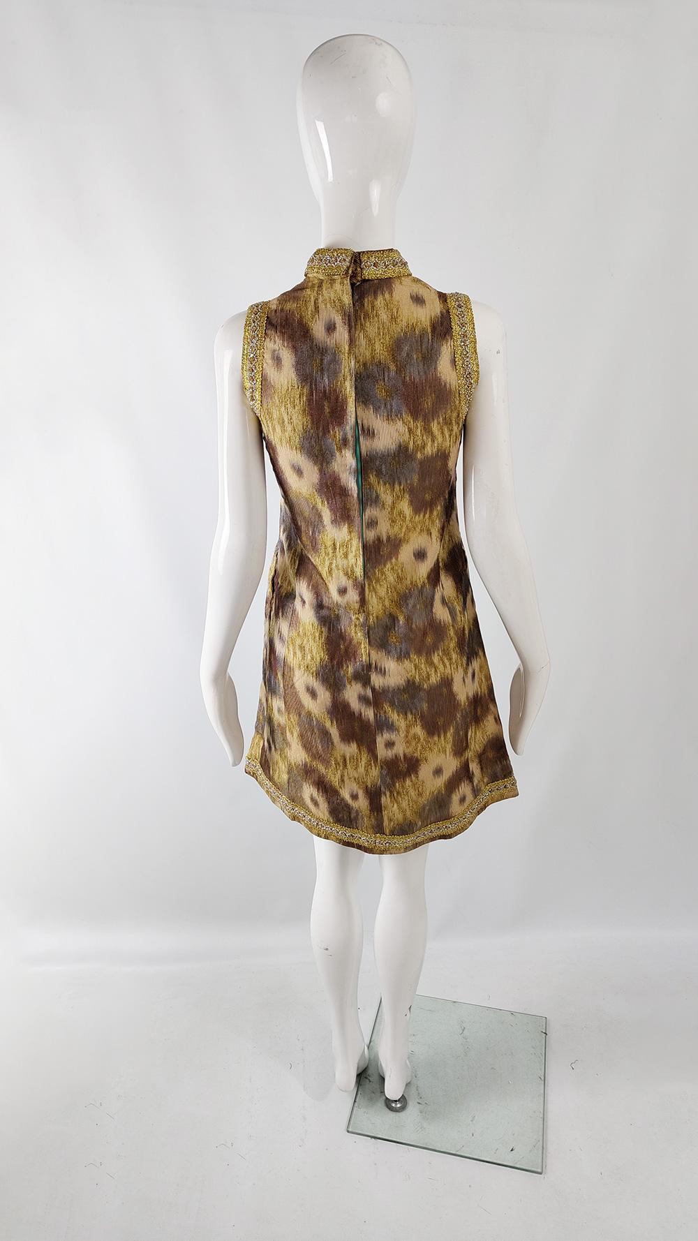 Vintage 60s Brown & Gold Ikat Party Evening A Line Shift Cut Out Dress, 1960s 5