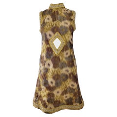 Vintage 60s Brown & Gold Ikat Party Evening A Line Shift Cut Out Dress, 1960s