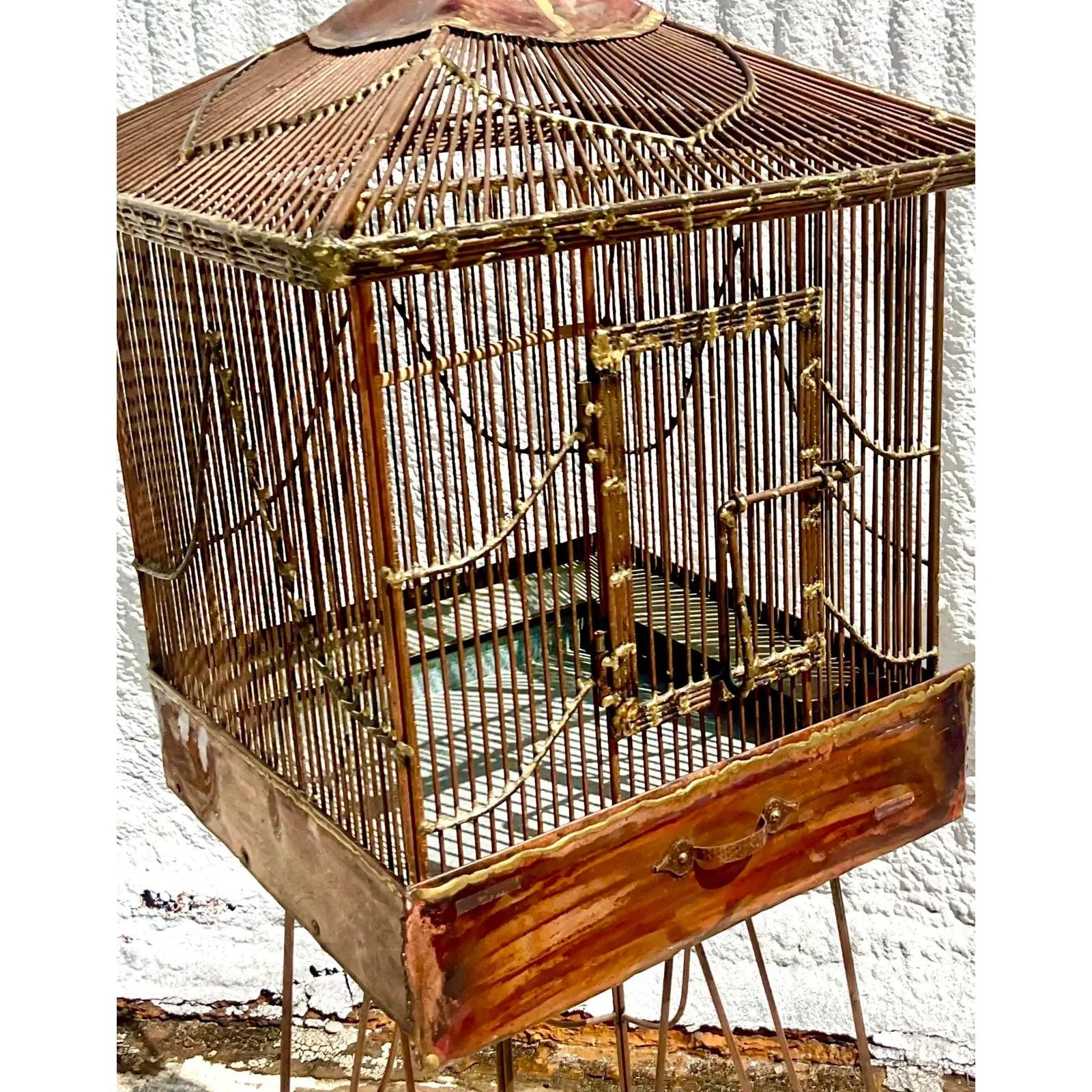 North American Vintage 60s Brutalist Handmade Birdcage on Rolling Stand For Sale