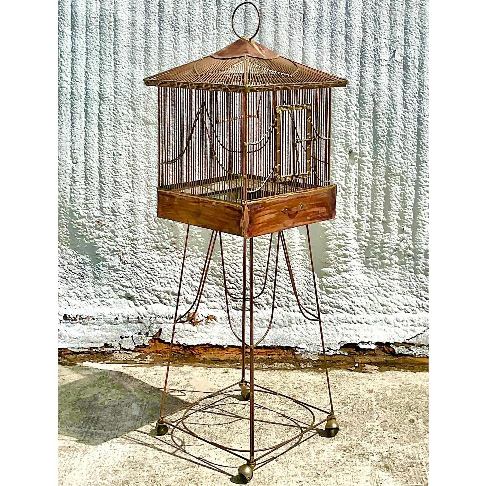 Vintage 60s Brutalist Handmade Birdcage on Rolling Stand In Good Condition For Sale In west palm beach, FL