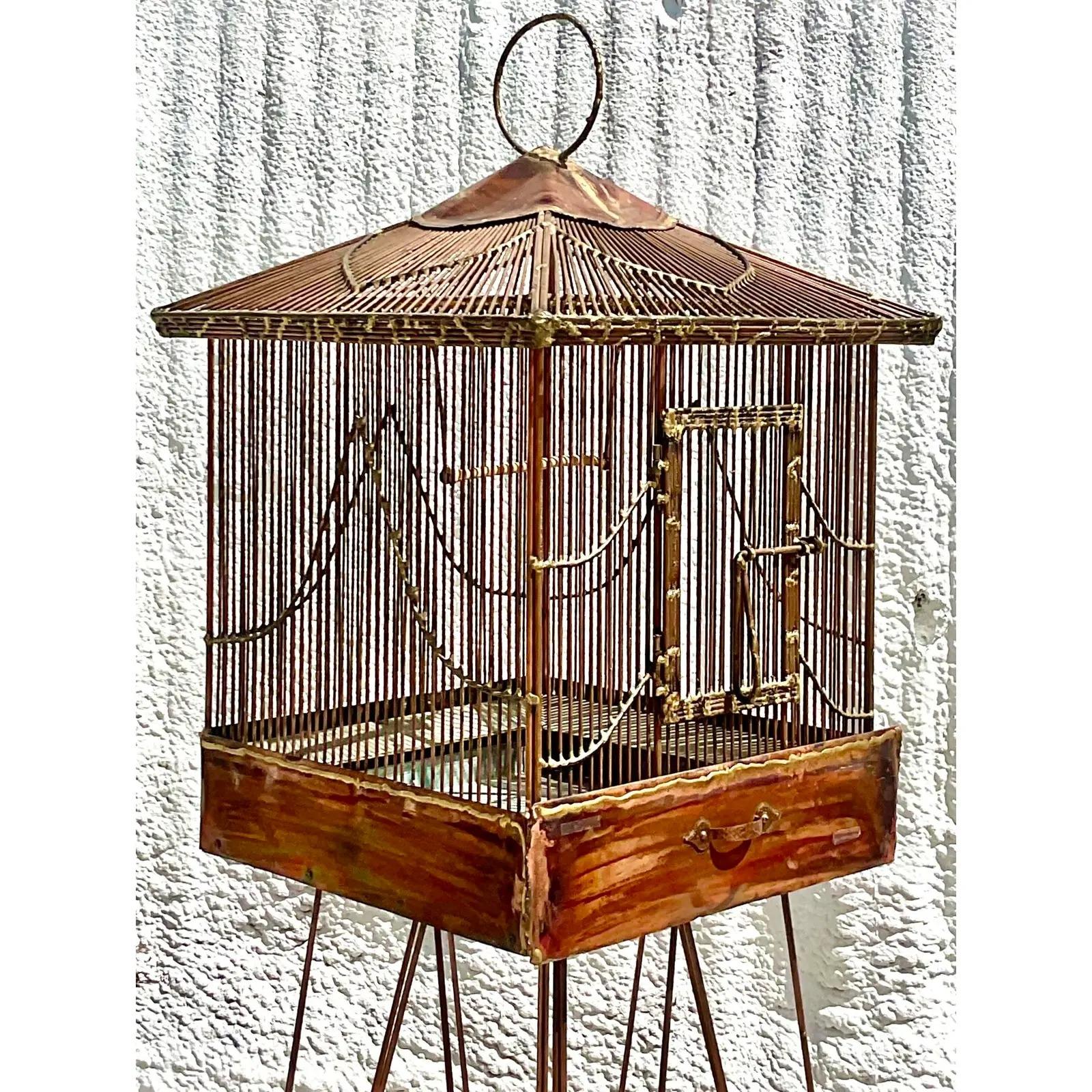 Mid-20th Century Vintage 60s Brutalist Handmade Birdcage on Rolling Stand For Sale