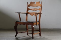 Vintage 60s Brutalist Solid Oak Razorblade Black Leather Armchair by H. Kjærnulf