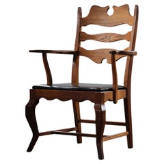 Vintage 60s Brutalist Solid Oak Razorblade Black Leather Armchair by H. Kjærnulf