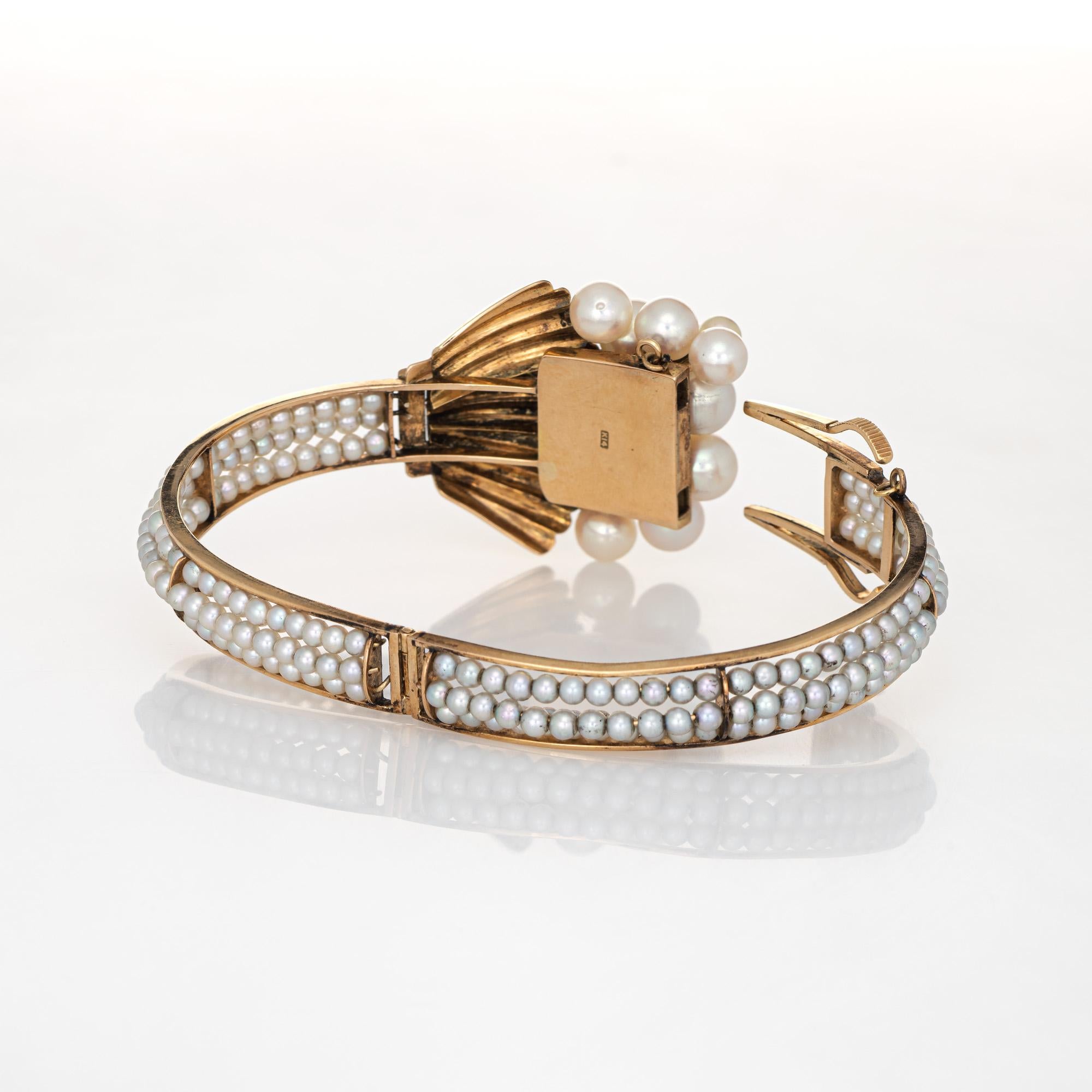 Modern Vintage 1960s Cultured Pearl Bracelet 14 Karat Gold Cuff Estate Jewelry Spray