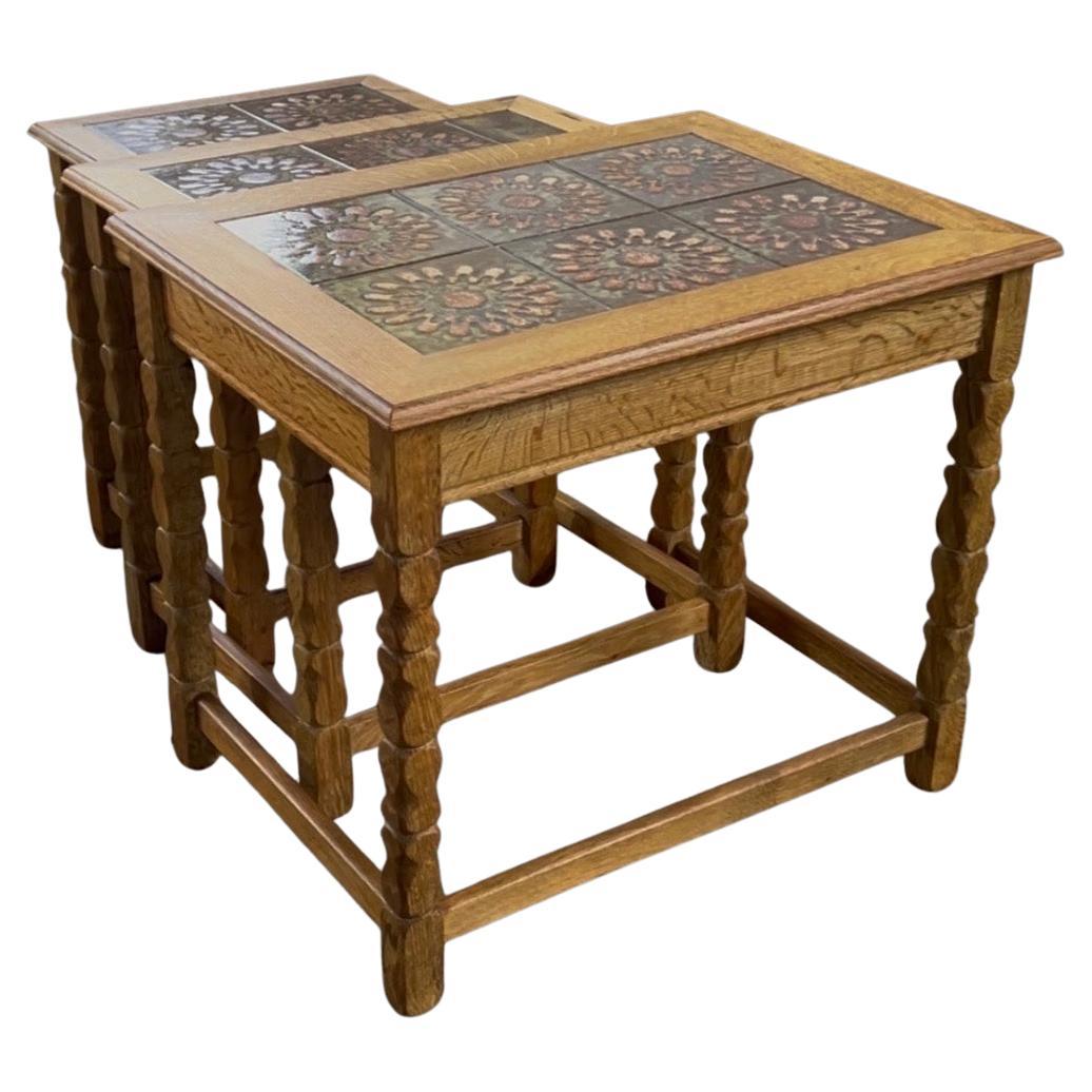 Vintage 60s Danish Brutalist Oak Nesting Tables in the style of Henning Kjærnulf