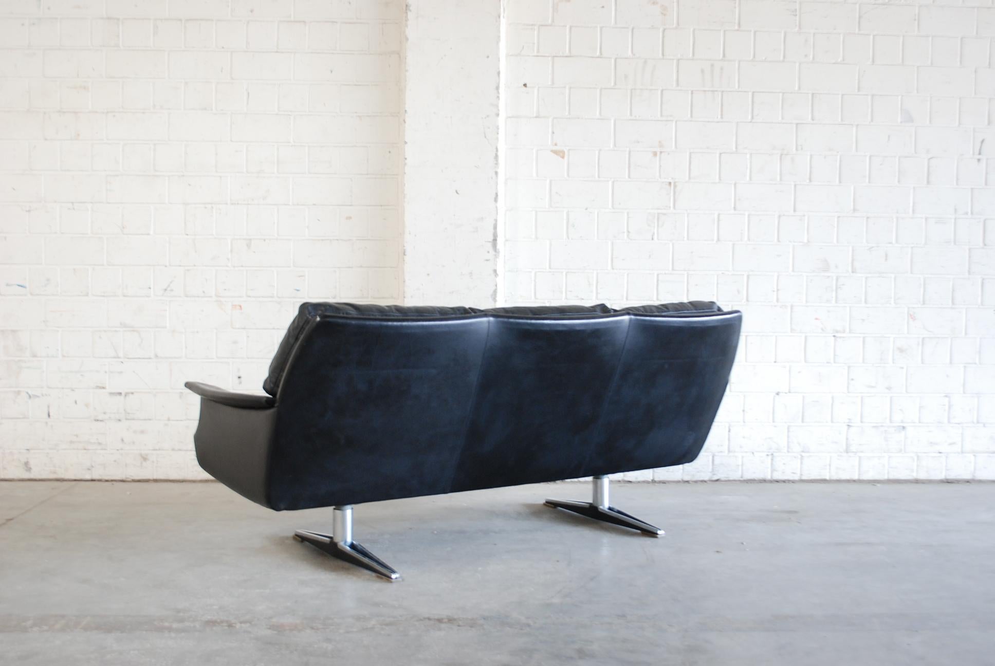 Vintage 1960s Design German Black Leather Sofa 7