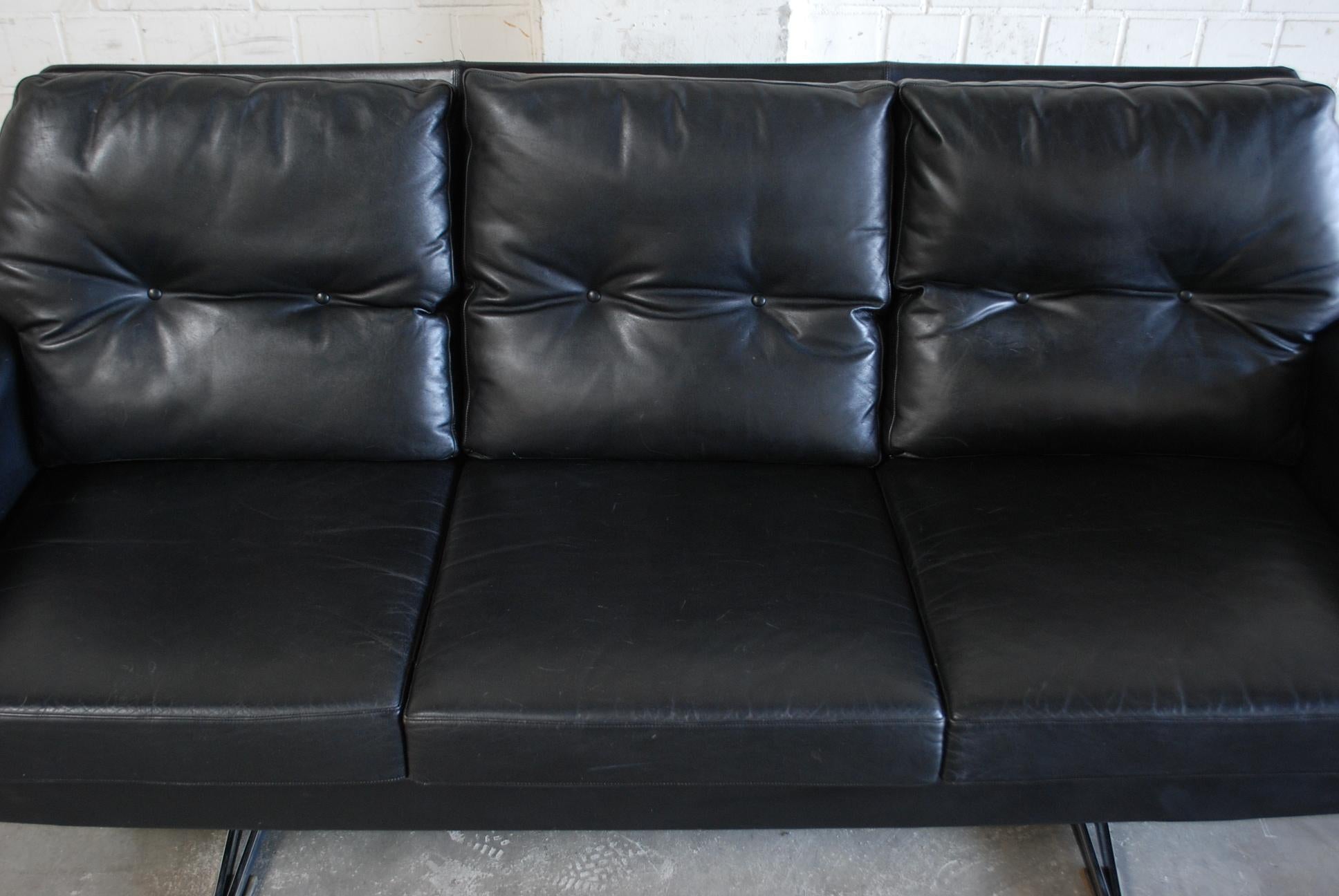 Vintage 1960s Design German Black Leather Sofa 8