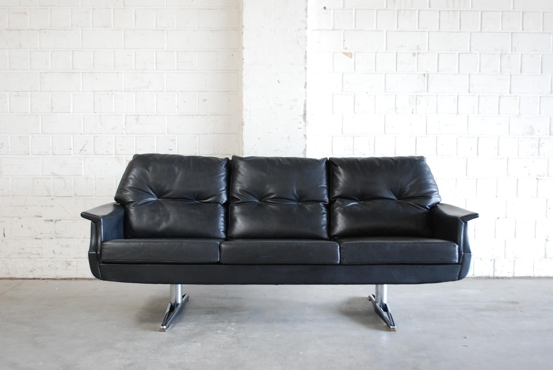 Mid-Century Modern Vintage 1960s Design German Black Leather Sofa