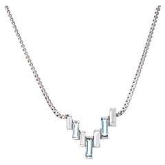 Vintage 60s Diamond Aquamarine Necklace Geometric 14k White Gold 16" Choker