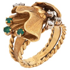 Vintage 60s Diamond Flower Leaf Ring 18k Yellow Gold Estate Fine Jewelry