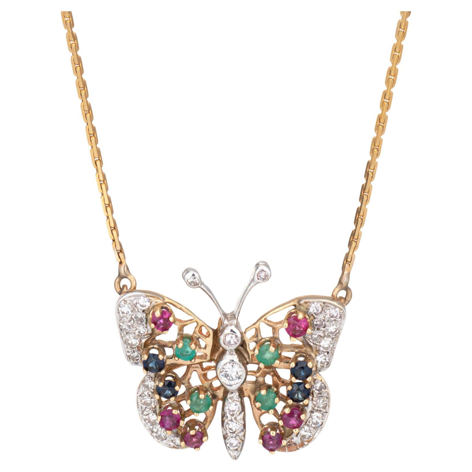 Collar Mariposa Vintage Años 60 Diamante Gargantilla Oro Amarillo 14k 15.5" en venta