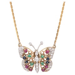Vintage 60s Gemstone Butterfly Necklace Diamond 14k Yellow Gold Choker 15.5"
