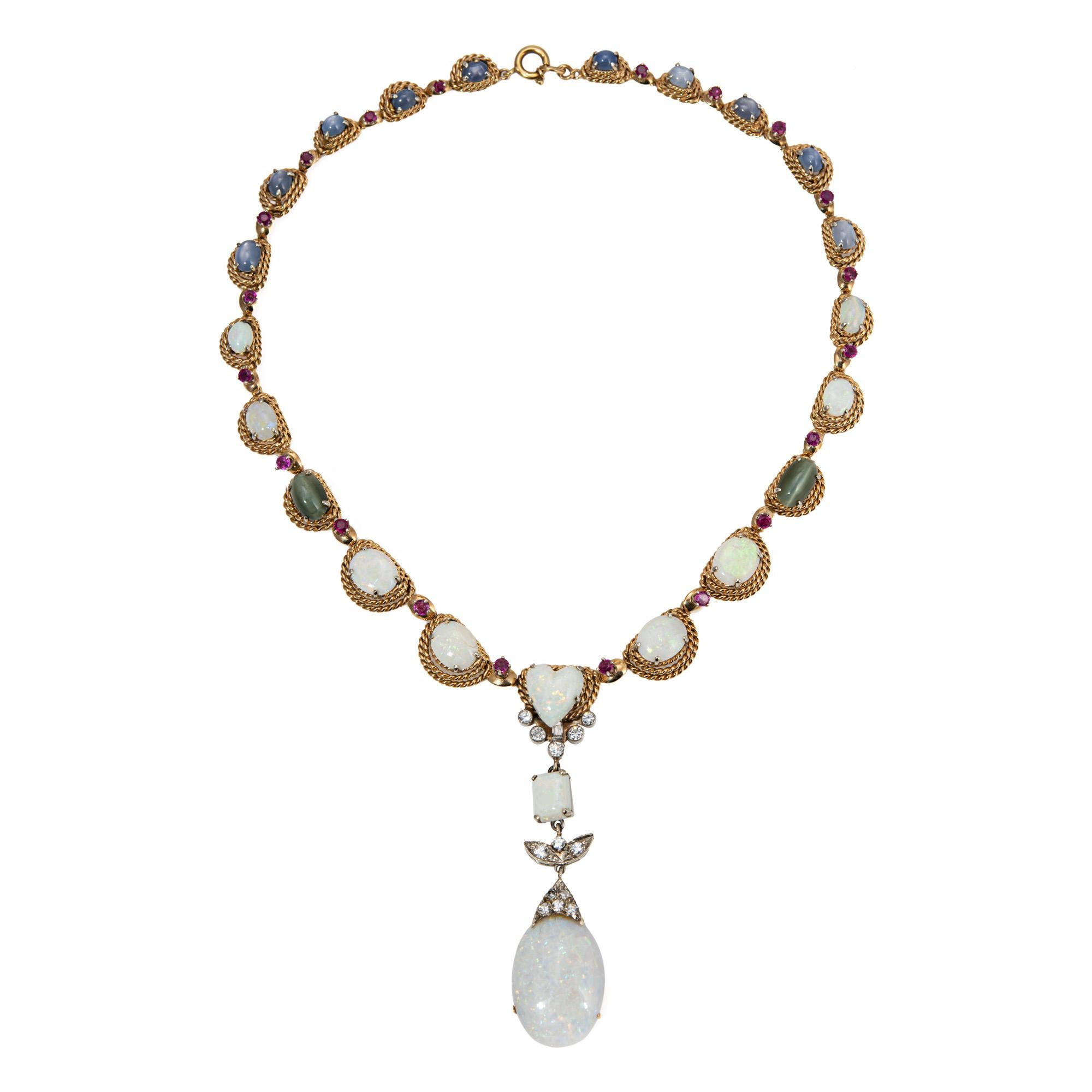 Oval Cut Vintage 60s Gemstone Drop Necklace Opal Diamond Ruby 14k Yellow Gold 15