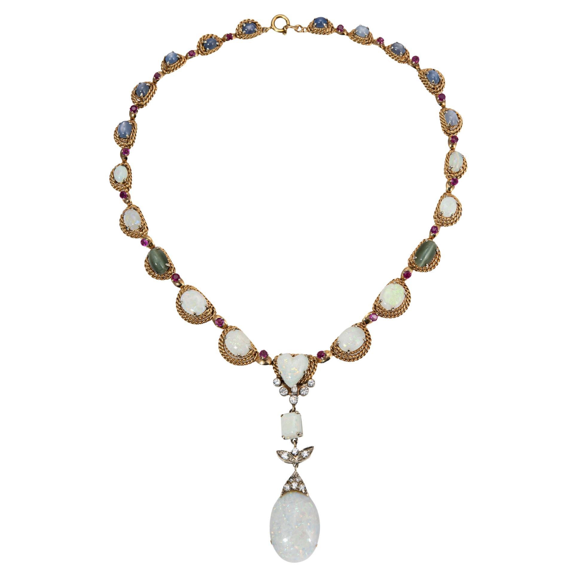 Vintage 60s Gemstone Drop Necklace Opal Diamond Ruby 14k Yellow Gold 15" Jewelry