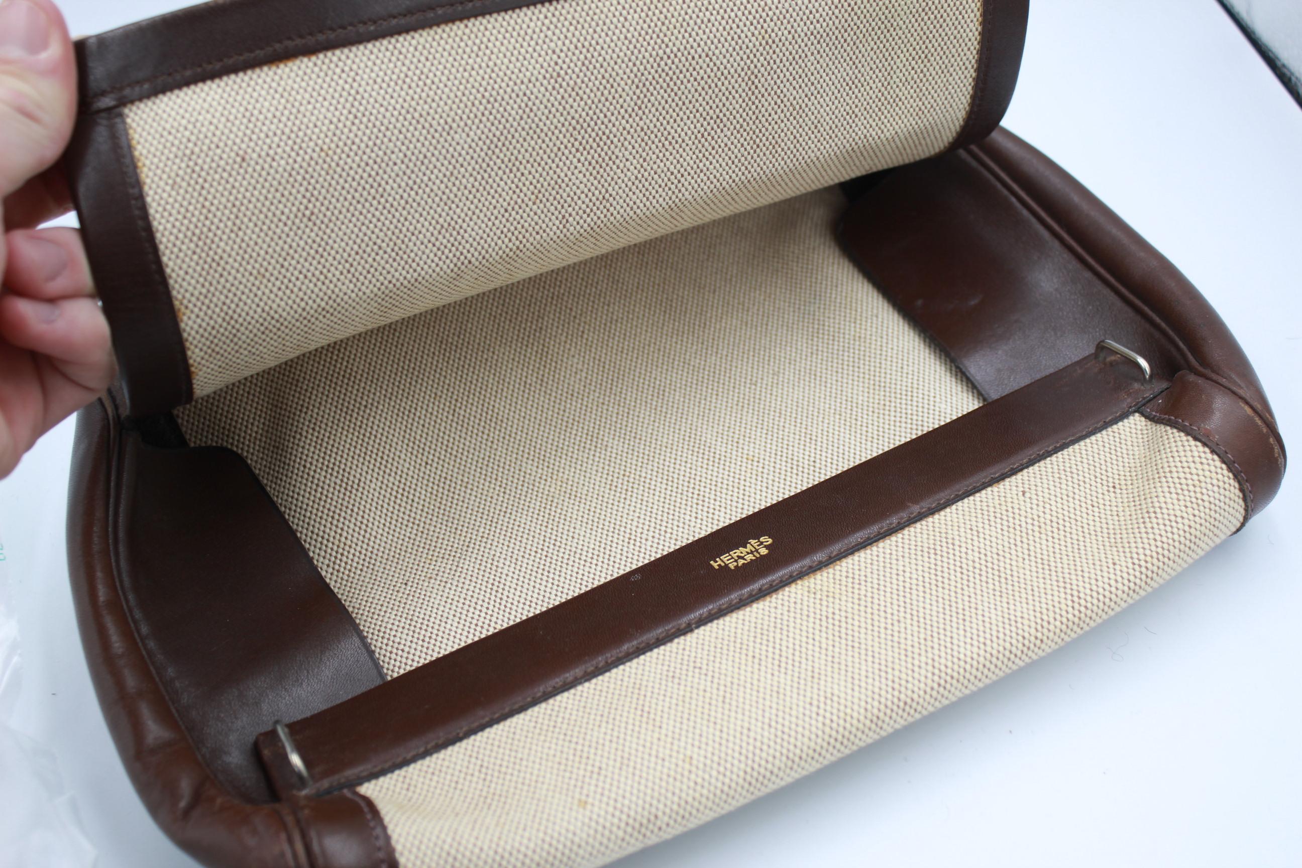 Brown Vintage 60's Hermes Travel vanity bag in leather and canvas.  For Sale