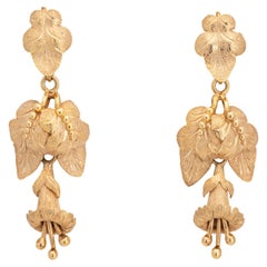 Vintage 60s Long Flower Earrings 14k Yellow Gold 2 Inch Drops Estate Jewelry