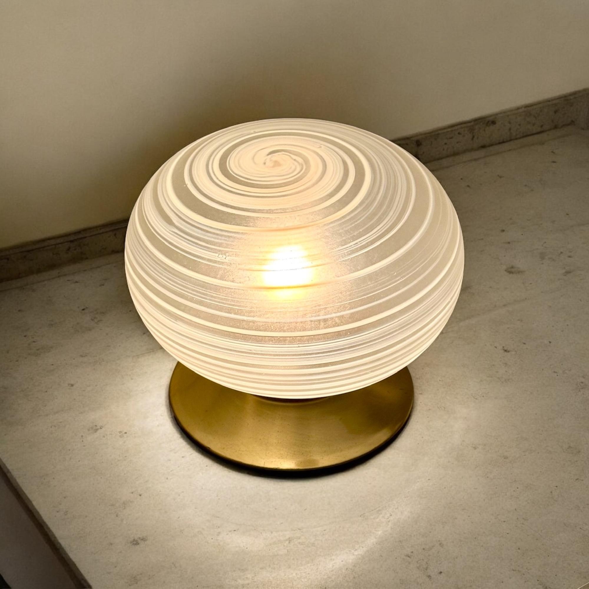 Vintage 60s Murano Table Lamp with Swirled Frosted Glass Globe and Brass Base 3