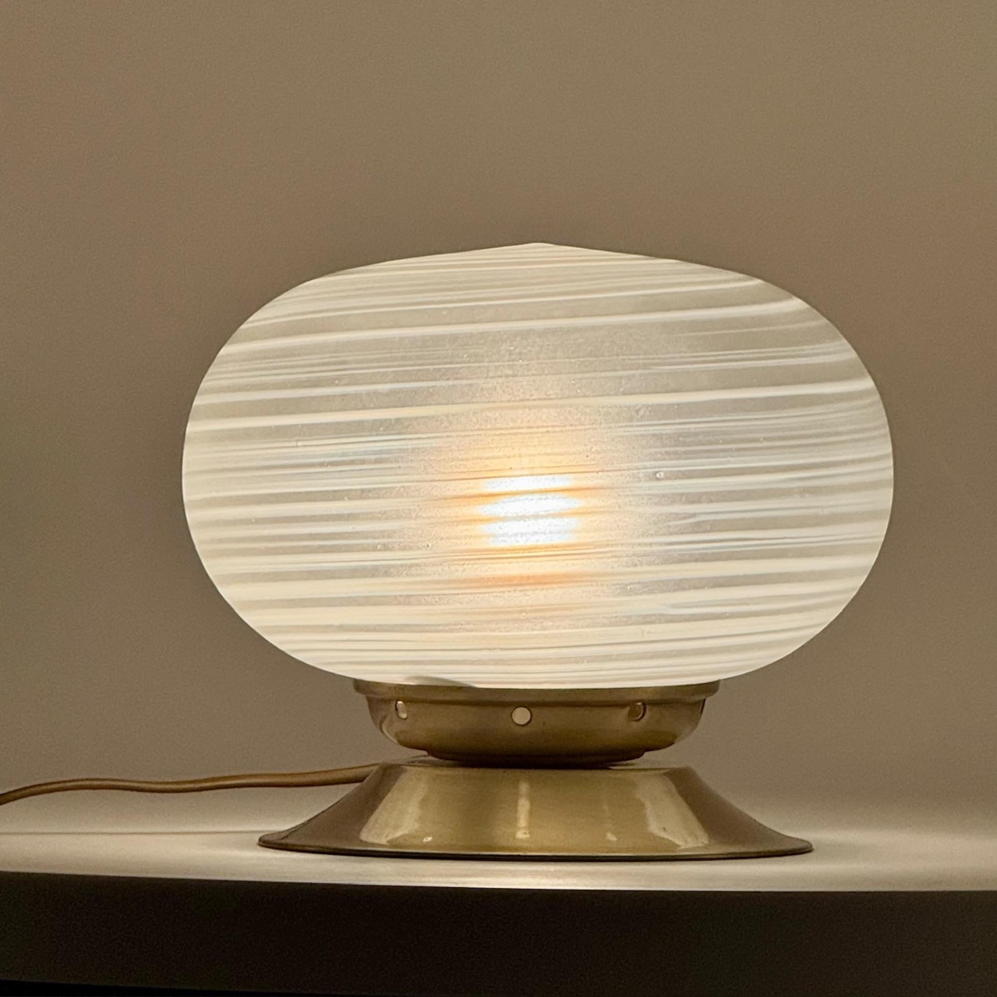 Vintage 60s Murano Table Lamp with Swirled Frosted Glass Globe and Brass Base 4