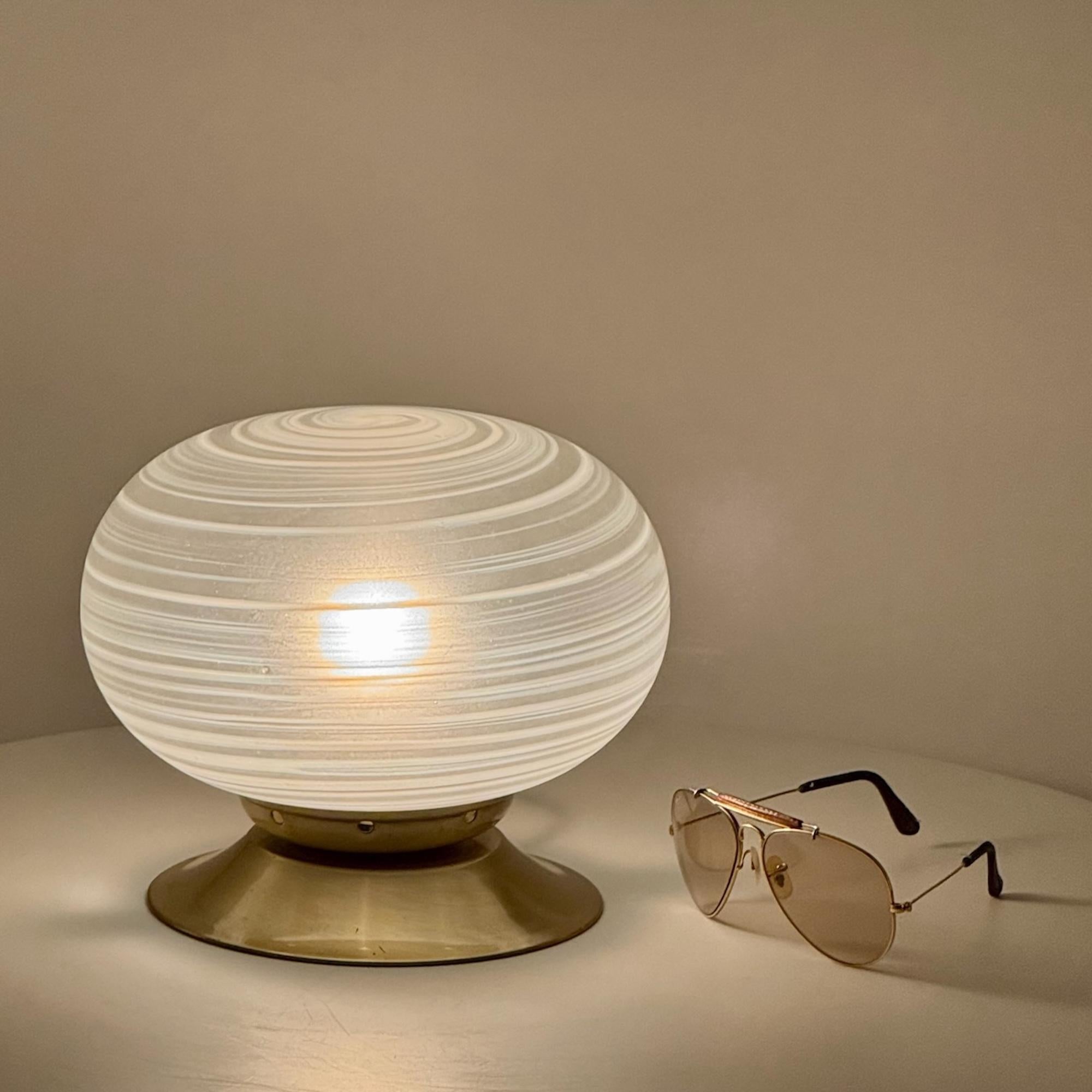 Mid-Century Modern Vintage 60s Murano Table Lamp with Swirled Frosted Glass Globe and Brass Base
