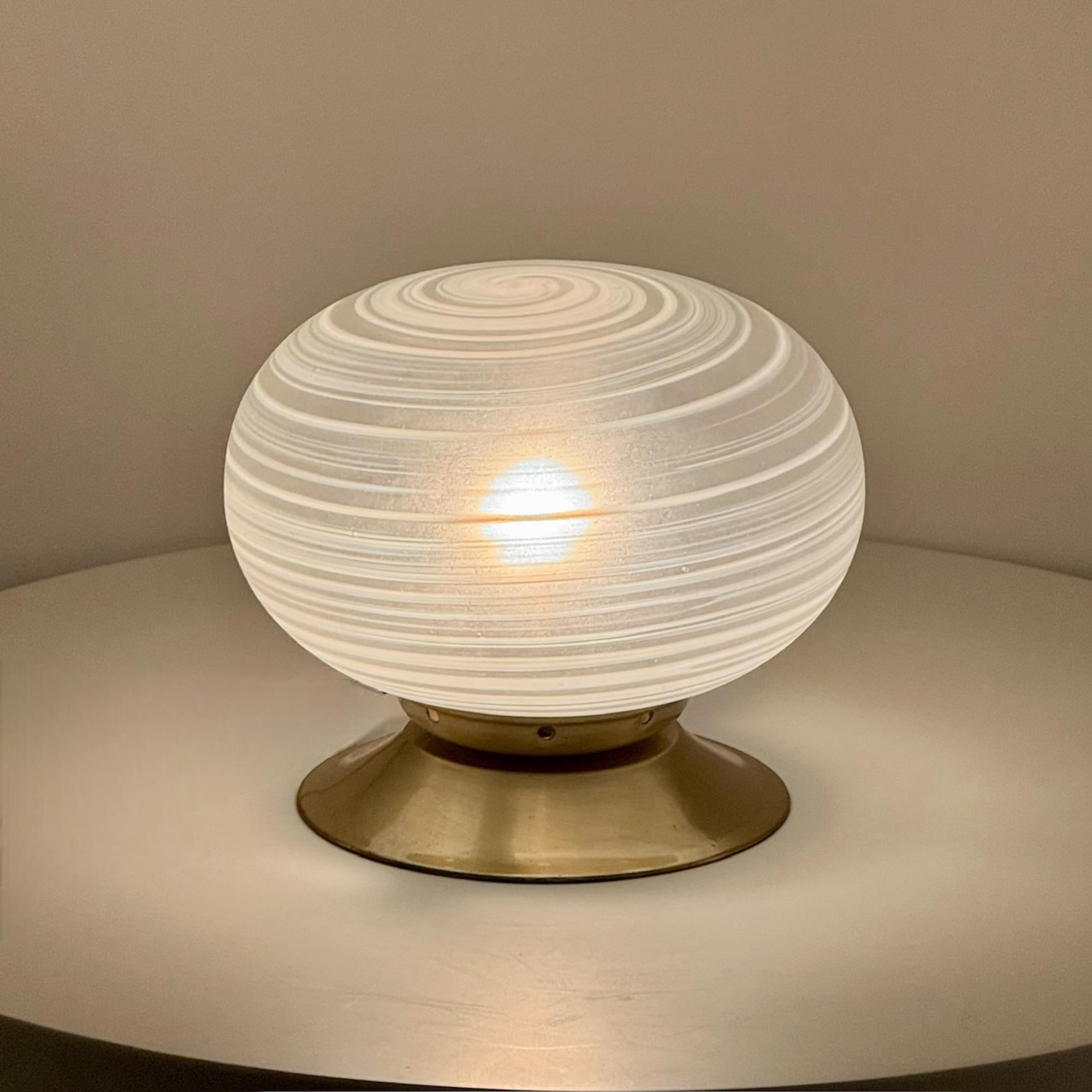 Vintage 60s Murano Table Lamp with Swirled Frosted Glass Globe and Brass Base 2