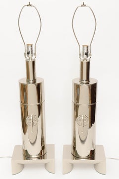 Vintage 60's Nickel Silver Table Lamps Style of James Mont With Asian Medallions